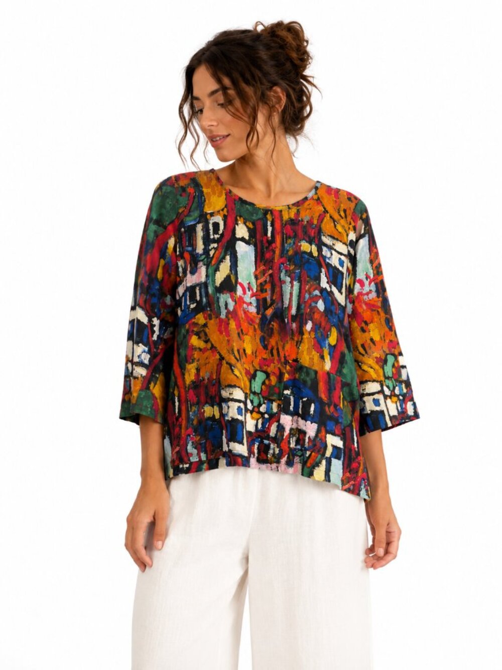 Shana Abstract Art Print 3/4 Sleeve Tunic Blouse Rayon Blend Size XS Boho Chic